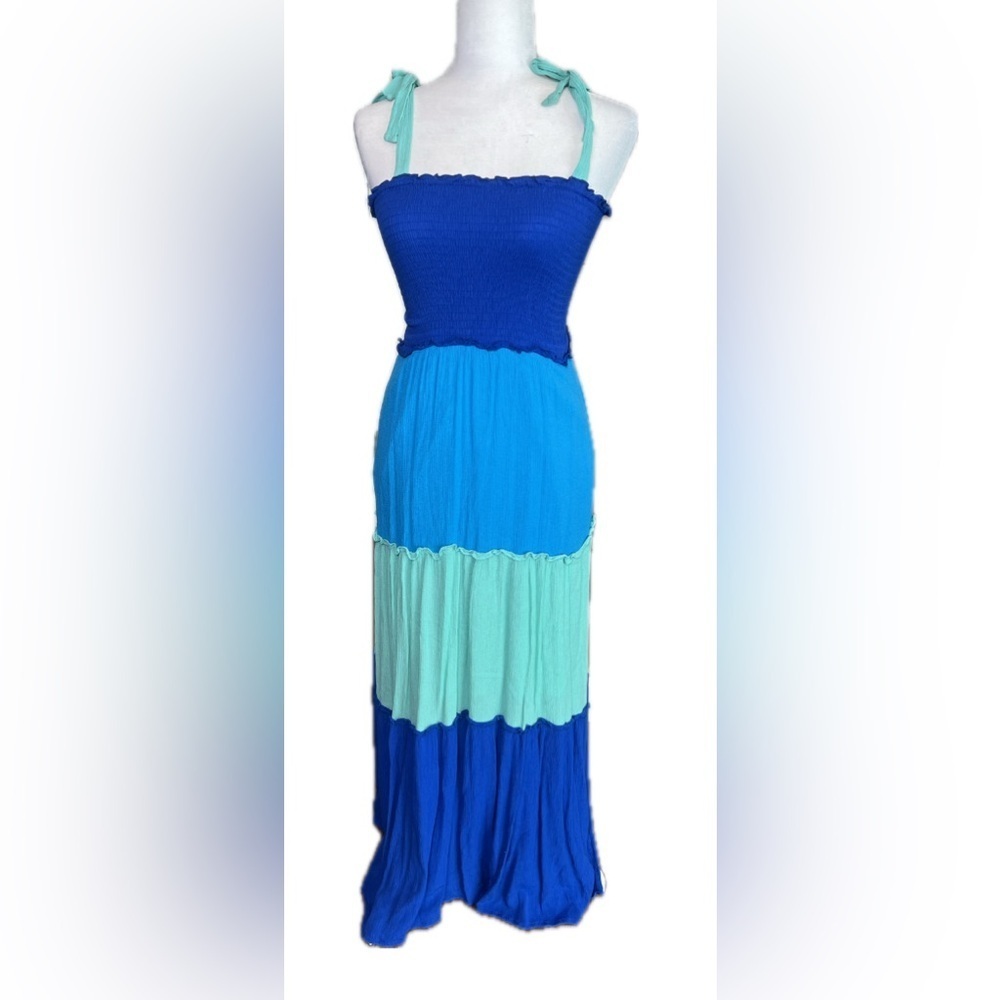 Bebop blue colorblock tiered crinkle gauze maxi dress with tie straps size XS